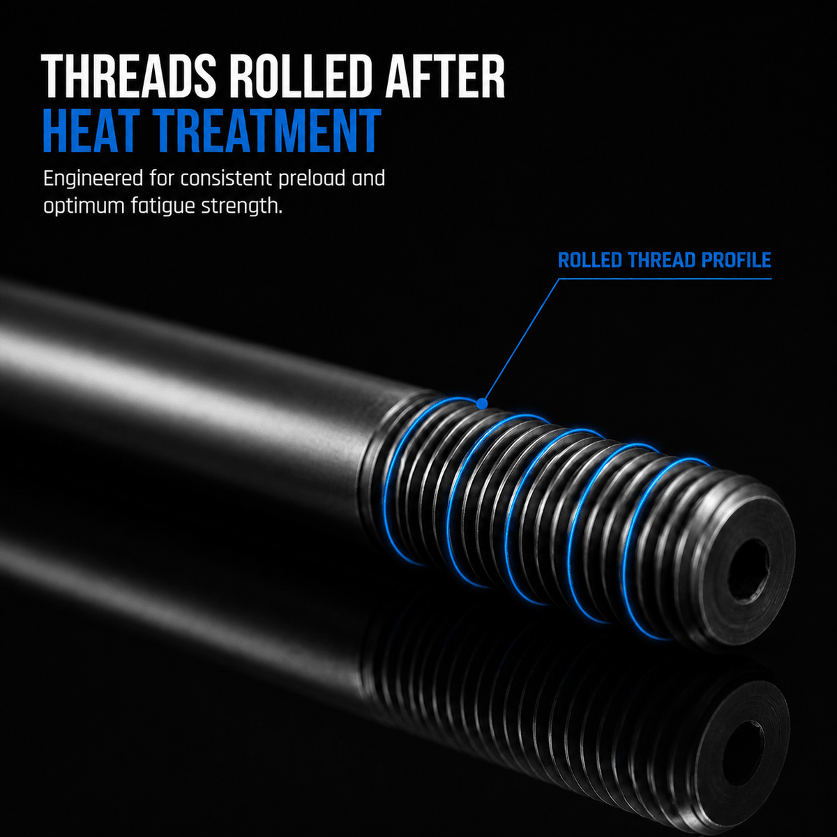 Close-up of stud threads rolled after heat treatment for consistent preload and fatigue strength