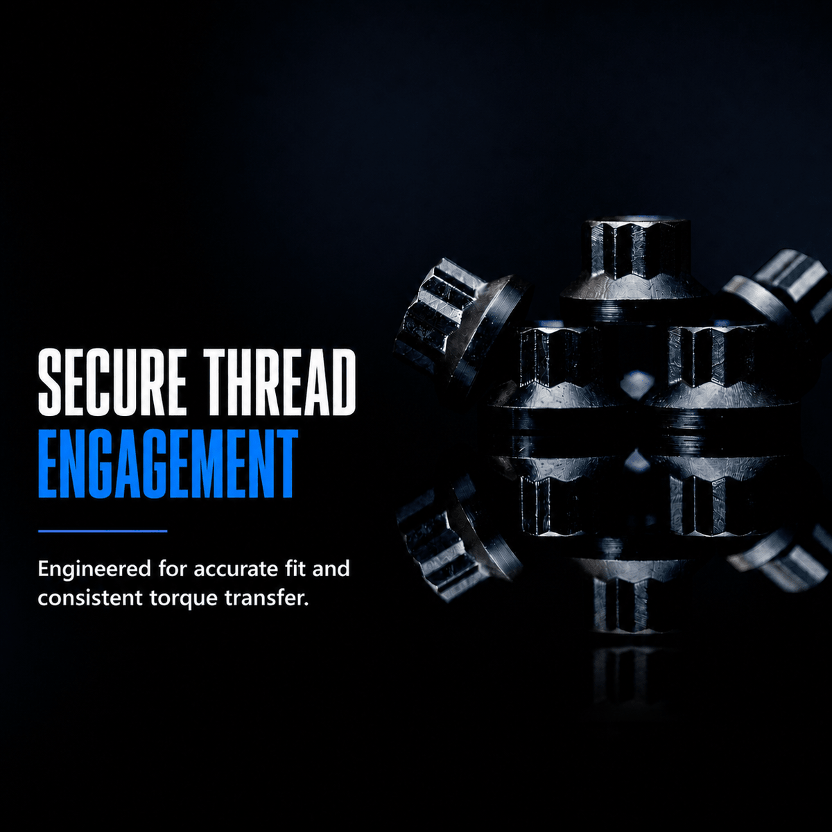Black 12-point nuts arranged in a circle, illustrating secure thread engagement and consistent torque transfer