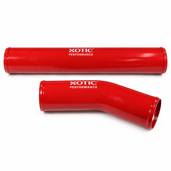 LP300 red straight and bent intercooler pipes with XOTIC PERFORMANCE branding, square image on white background