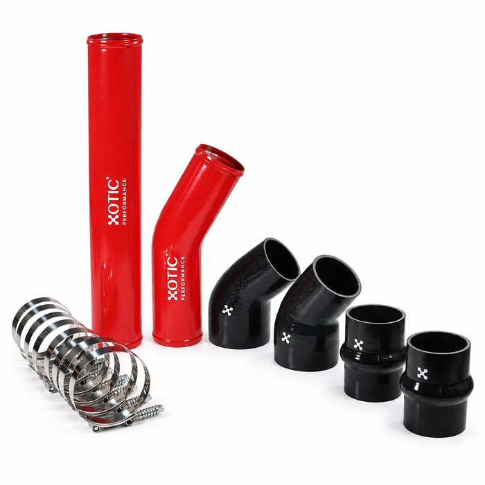 LP300 intercooler pipe kit with two red pipes, four black silicone couplers, and eight clamps on a square white background