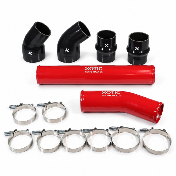 LP300 intercooler kit with two red pipes, four black silicone couplers, and eight stainless steel clamps on a square white background