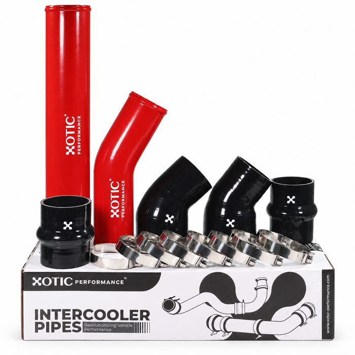 LP300 red intercooler pipe kit with black couplers, clamps, and XOTIC PERFORMANCE packaging on a white background