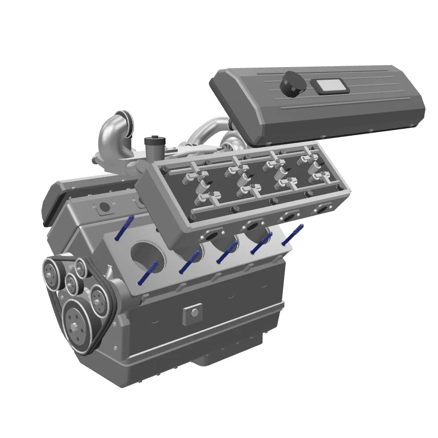 Illustrative engine with lifted cylinder head and blue head studs visible.